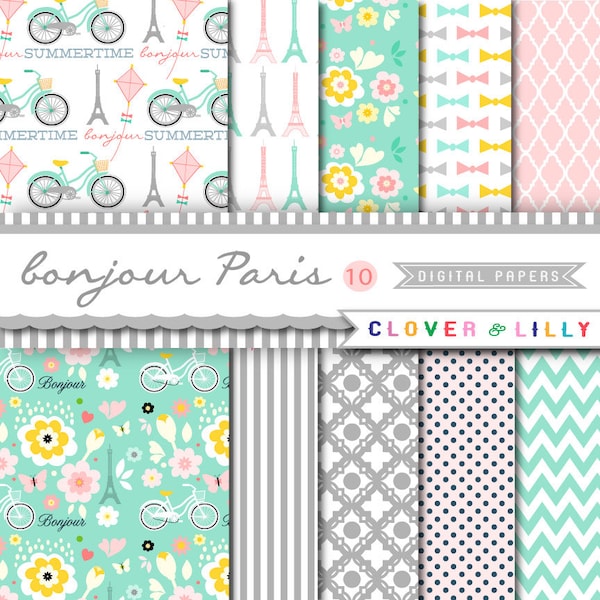 Paris Digital Papers with Eiffel tower, travel, romantic, Modern Scrapbook Paper Instant Download