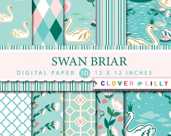 SWAN BRIAR digital paper with swans, flowers, buds, lilies, light blue, wedding scrapbook papers Instant Download Clover and Lilly