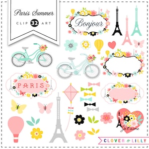 Paris Clipart with the Eiffel tower, travel, romantic, Modern Scrapbook, labels, frame, flowers, bicycle, French Instant Download