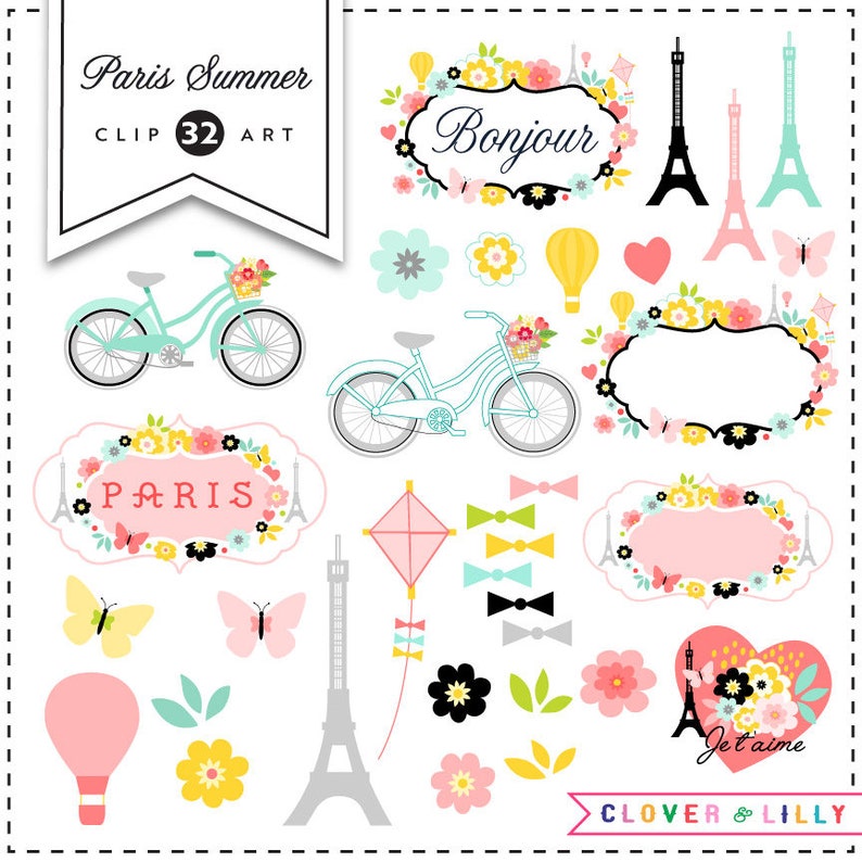 Paris Clipart with the Eiffel tower, travel, romantic, Modern Scrapbook, labels, frame, flowers, bicycle, French Instant Download image 1