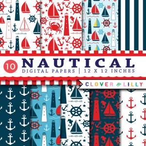 NAUTIK digitales Papier mit Segelbooten, Ankern, Leuchtturm, Booten, Krabben, Segeln Bilder, 10 digitale Papiere