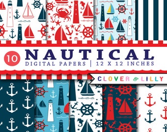 NAUTICAL digital paper with sailboats, anchors, lighthouse, boats, crabs, sailing images, 10 digital papers