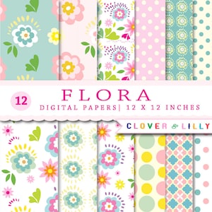 Cyfrowy papier kwiatowy, FLORA, natychmiastowe pobieranie, zastosowanie komercyjne, album, kwiaty, nowoczesny, pastelowy