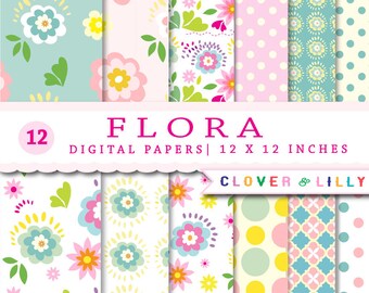 Floral digital paper, FLORA, instant download, commercial use, scrapbook, flowers, modern, pastel