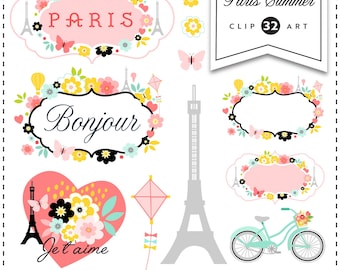 Paris Clipart with the Eiffel tower, travel, romantic, Modern Scrapbook, labels, frame, flowers, bicycle, French Instant Download