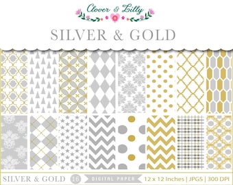 Elegant Silver and gold digital paper for Christmas, holiday, damask, modern, gray, Instant Download