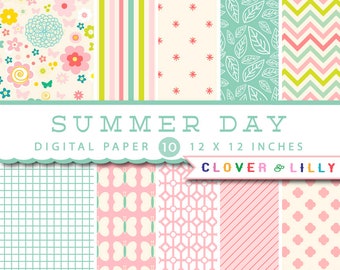 SUMMER DAY Modern floral Digital Paper for scrapbooking, cards, salmon pink, mint, teal, flowers, Instant Download