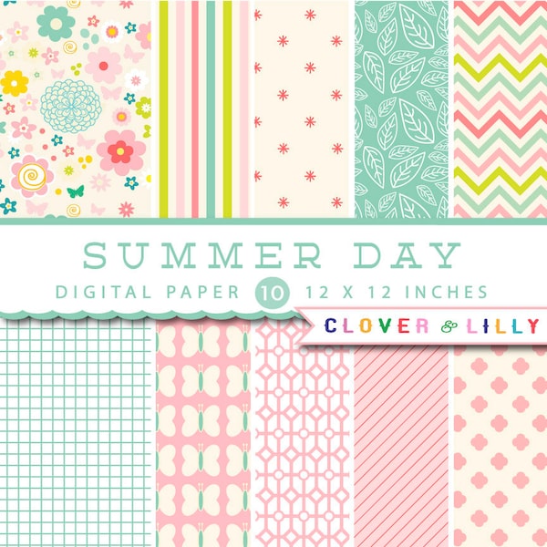 SUMMER DAY Modern floral Digital Paper for scrapbooking, cards, salmon pink, mint, teal, flowers, Instant Download
