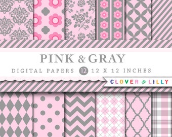 Roze en grijs digitaal papier met damast, quatrefoil, geometrische ontwerpen, plakboekpapier, commercieel gebruik.