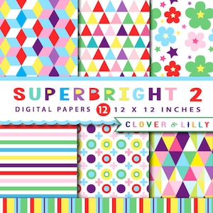 SUPER BRIGHT 2 digital paper colorful, hot pink, purple, orange, geometric, modern scrapbook papers pack, colors,