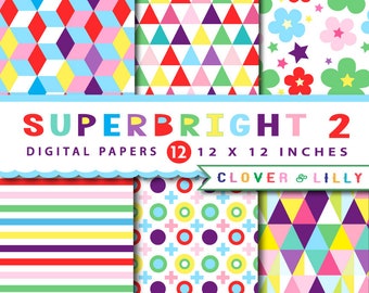 SUPER BRIGHT 2 digital paper colorful, hot pink, purple, orange, geometric, modern scrapbook papers pack, colors,