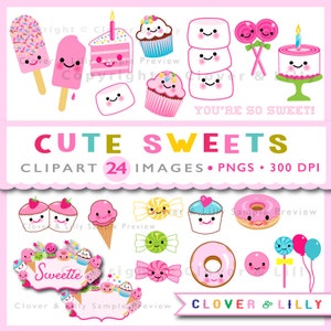 CUTE SWEETS, kawaii clipart, cupcakes, candy, birthday cake, party, ice cream, popsicles, candy land, sugar, cake slice, donuts, clipart.
