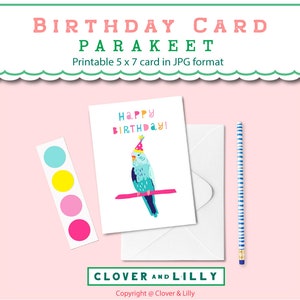 Perruche imprimable de carte d’anniversaire, Budgie. Couleurs vives 5 x 7 formatées à la taille lettre