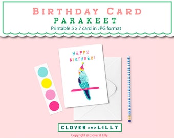 Printable Birthday Card  Parakeet, Budgie. Bright colors 5 x 7 formatted to Letter size
