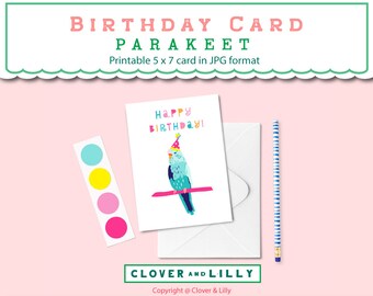 Printable Birthday Card  Parakeet, Budgie. Bright colors 5 x 7 formatted to Letter size
