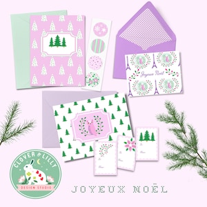 JOYEUX NOEL Boże Narodzenie Clipart z ramkami, tagami, drzewami, francuski, elegancki, fioletowy i zielony, do pobrania, poinsecje, koniczyna i Lilly