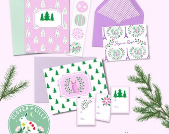 JOYEUX NOEL Christmas Clipart with frames, tags, trees, French, elegant, purple and green, Download, poinsettias, clover and Lilly