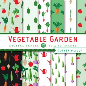 Potager Papier numérique, végétarien, papiers de scrapbooking, tomates, radis, oignons, jardinage, fiches recettes, carottes, pois, légumes