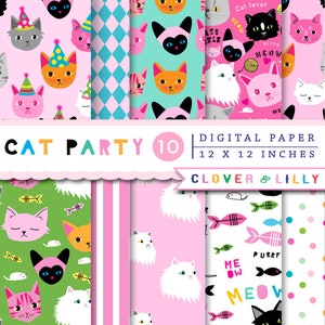 Papier de scrapbooking numérique CAT PARTY, chats, anniversaire, persan, siamois, tigré, pli écossais, amusement, pack, téléchargement immédiat kawaii
