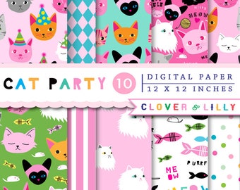 CAT PARTY digital scrapbook paper, cats, birthday, persian, siamese, tabby, scottish fold, fun, pack, kawaii Instant Download