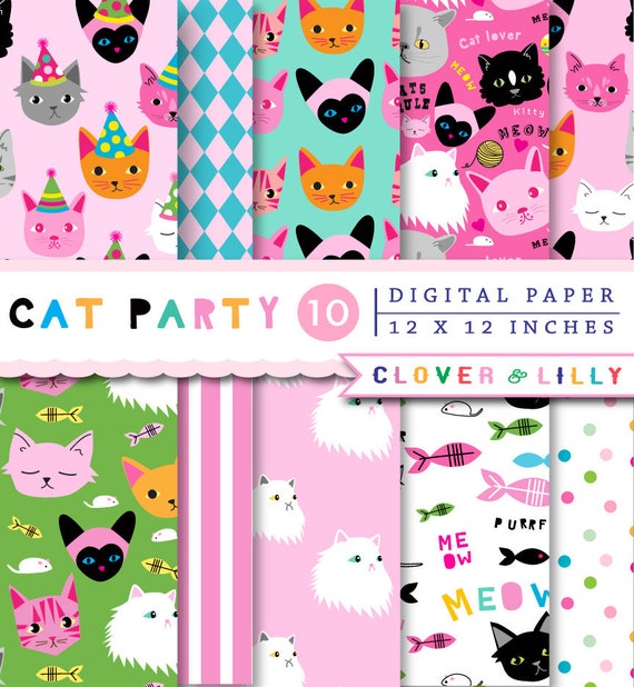 CAT PARTY digital scrapbook paper, cats, birthday, persian, siamese, tabby, scottish fold, fun, pack, kawaii Instant Download