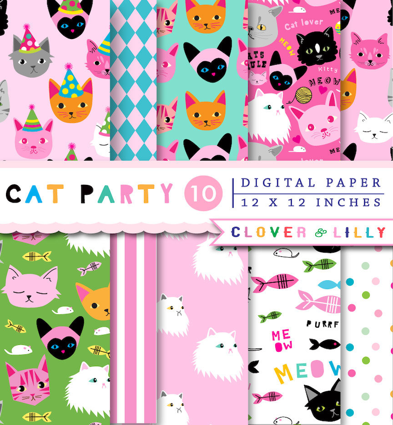 May include: A set of 10 digital papers featuring cute cat illustrations in various colors and patterns. The papers are 12 inches by 12 inches and are perfect for crafting, scrapbooking, and other creative projects. The text "CAT PARTY 10" and "CLOVER & LILLY" are included in the image.