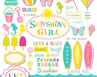 Beach surf clipart set 42 items Commercial and Personal Use Surfing Sunshine Girl INSTANT DOWNLOAD