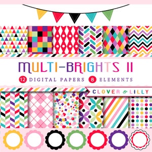 Peut inclure: Un ensemble de 12 papiers numériques avec 8 éléments, présentant des motifs géométriques colorés. Les papiers sont intitulés "MULTI-BRIGHTS II" et sont conçus par CLOVER & LILLY.