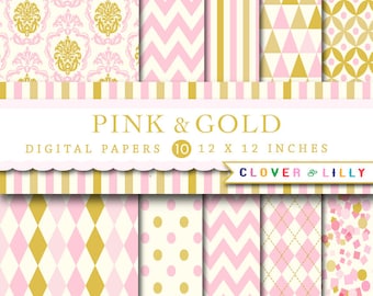 May include: A collection of pink and gold digital papers with various patterns, including damask, chevron, stripes, triangles, and polka dots. The papers are 12 x 12 inches and feature the text "Pink & Gold".