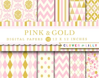 Pink and Gold digital paper with geometric patterns, scrapbook papers,