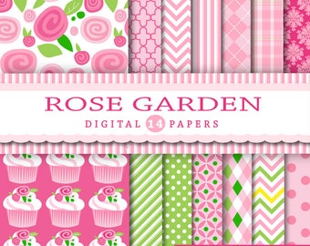 ROSE GARDEN digital scrapbook papers for card design, invites, roses, garden, Spring digital paper, pink and green by Clover and Lilly