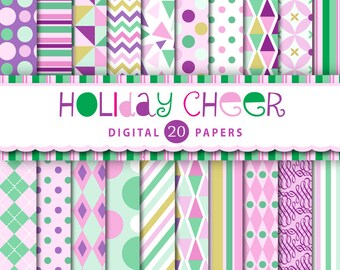 20 Holiday Cheer MOD digital papers for Christmas crafts, cards, designs, Purple, Gold, Mint, Pink, Dots and Stripes