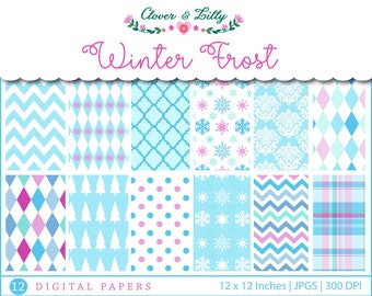 Winter Frost digital scrapbook papers ice blue, powder blue, purple, lavender, snowflakes Instant Download paper