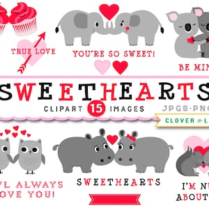 Valentines Day clipart with koala bear, elephant, hippos, owls, squirrels, cupcakes, cute, kawaii, grey, red, cards Instant Download