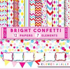 CONFETTI digital papers birthday printables, invites, cards, confetti scrapbook papers, frames clipart