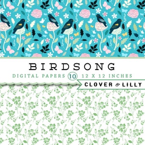 BIRDSONG digital paper, birds, roses, flowers, scrapbook papers, pink, green, black, modern, Instant Download