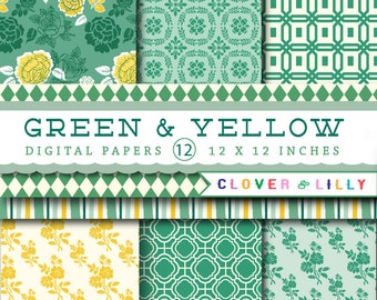 Green and Yellow digital paper with roses, flowers, scrapbook papers, by Clover and Lilly
