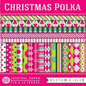 Christmas digital scrapbook paper Christmas Polka hot pink, green, lime, dots, stripes, Instant Download