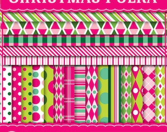 Christmas digital scrapbook paper Christmas Polka hot pink, green, lime, dots, stripes, Instant Download