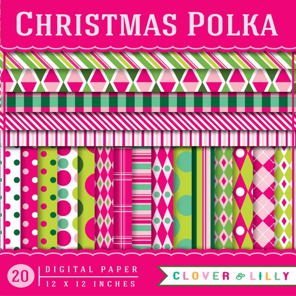 Christmas digital scrapbook paper Christmas Polka hot pink, green, lime, dots, stripes, Instant Download