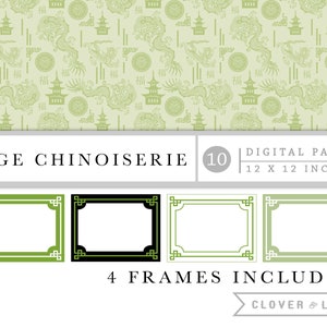 Puede incluir: Un paquete de papel digital con un patrón de chinoiserie verde salvia que presenta dragones, pagodas y caracteres chinos. El paquete incluye cuatro marcos en diferentes colores: verde, negro y blanco.