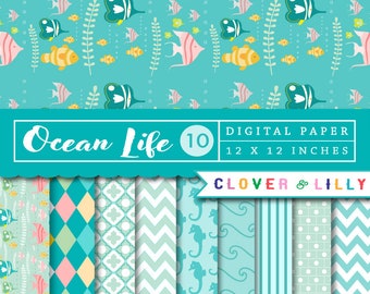 OCEAN LIFE digital paper with saltwater fish, sea, seahorse, mermaid papers