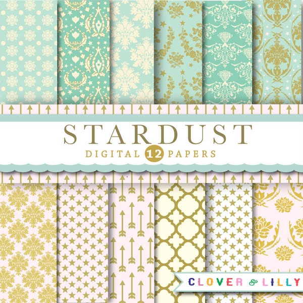 STARDUST Elegant digital paper with stars, damask, arrows, quatrefoil, pink, turquoise, mint and gold, scrapbook, Instant DOWNLOAD