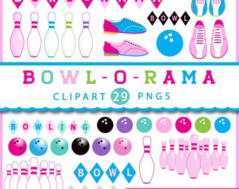 Girls Bowling clipart in pink, teal and blue, bowling pins, shoes, bags, balls