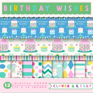Könnte beinhalten: Ein Set mit 12 digitalen Papieren mit Geburtstagsmotiven. Die Muster umfassen bunte Kuchen, Punkte, Streifen und Zickzackmuster. Die Papiere sind 30,48 cm x 30,48 cm groß.