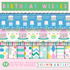 Birthday Party digital papers for cards, invites, Polka Dots, Cakes, confetti, Scrapbook paper, Instant Download, Clover and Lilly