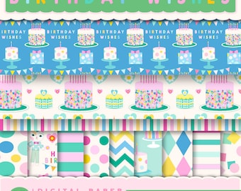 Birthday Party digital papers for cards, invites, Polka Dots, Cakes, confetti, Scrapbook paper, Instant Download, Clover and Lilly
