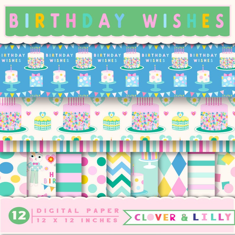 Verjaardagsfeestje digitale papieren voor kaarten, uitnodigingen, Polka Dots, Cakes, confetti, Scrapbookpapier, Instant Download, Clover en Lilly afbeelding 1