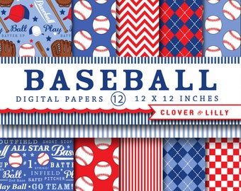 Baseball digital papers scrapbooking invites, birthday party, balls, mitts, play ball, boys red and blue Digital Download
