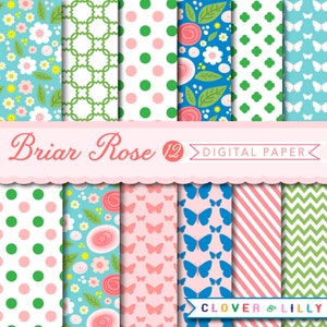 Carta digitale floreale con rose, farfalle, verde, blu, azzurro, rosa Download istantaneo